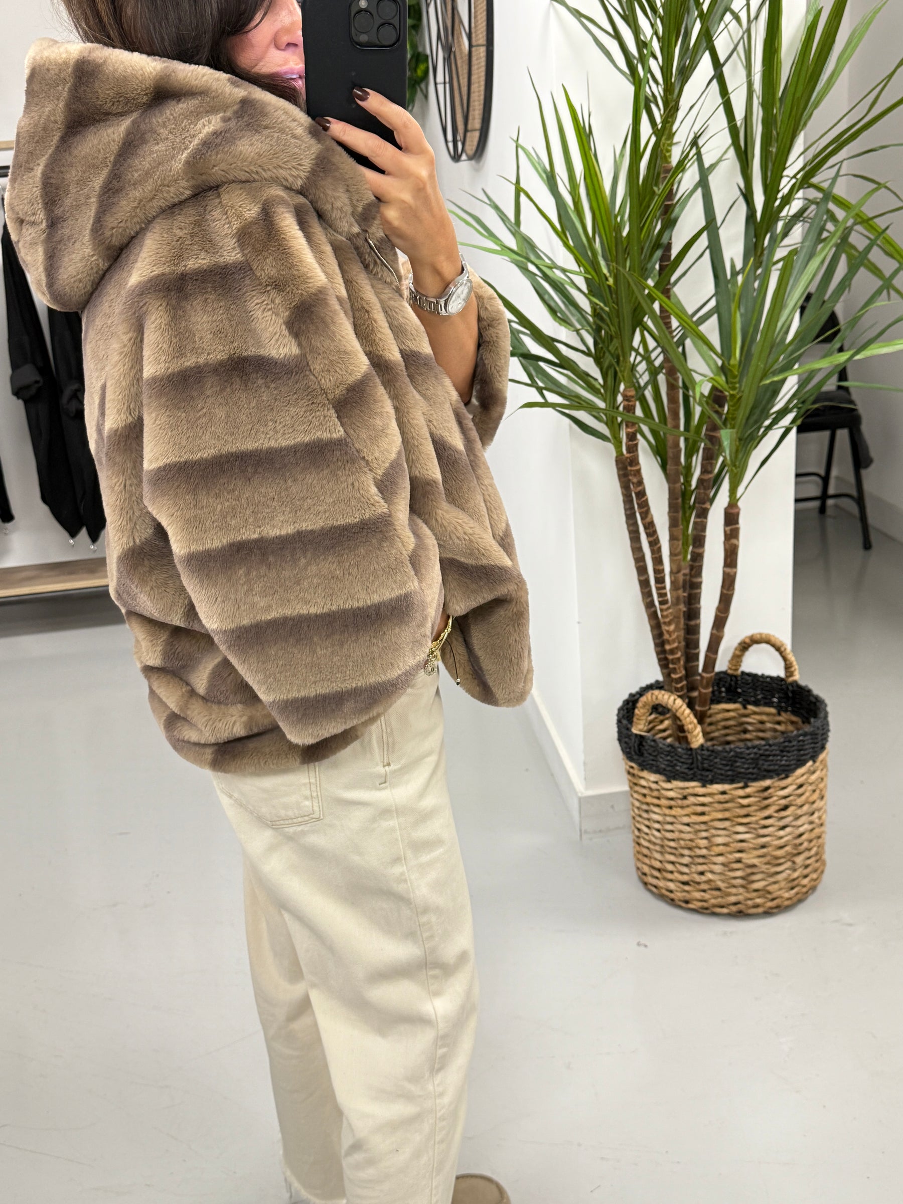 Crop Sleeve Hooded Faux Fur - Camel/Choc