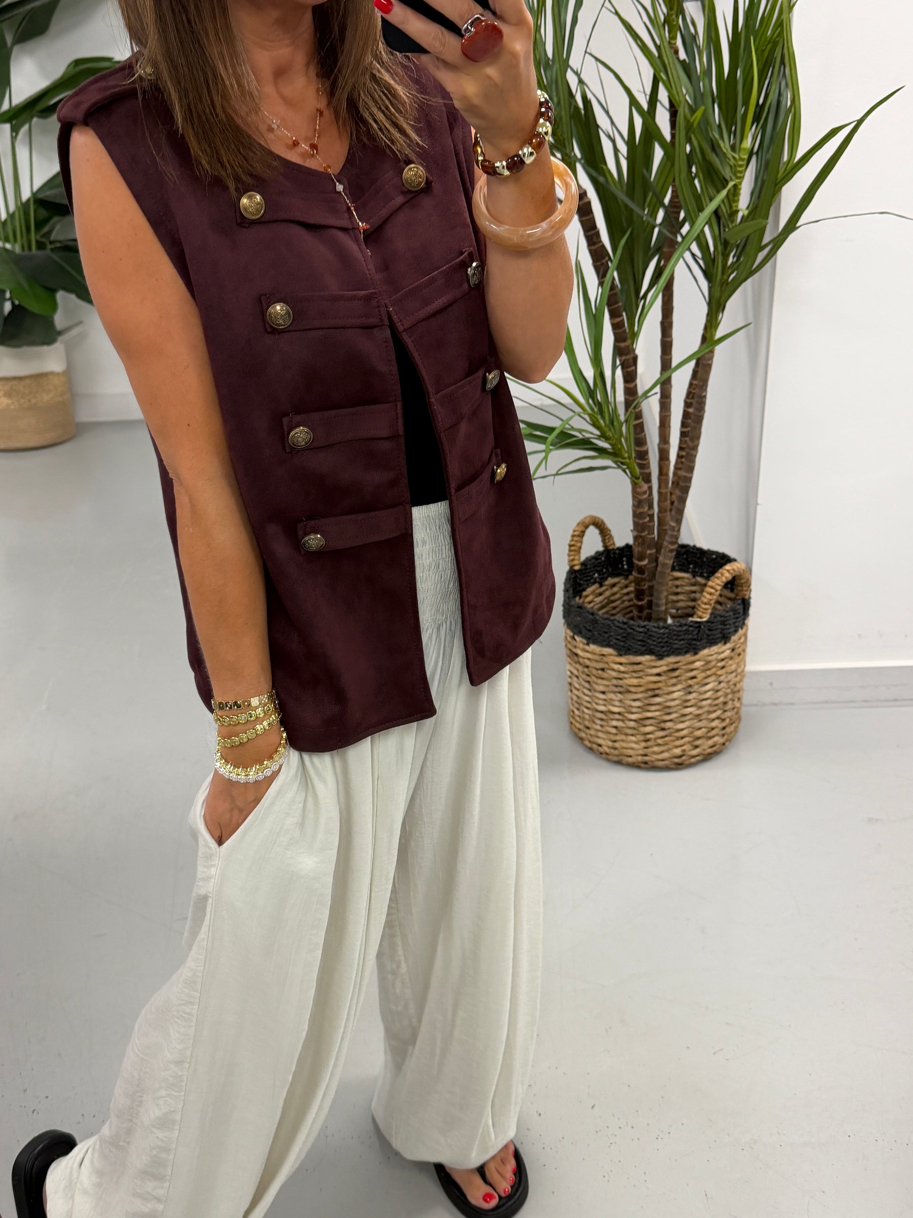 Velour Military Waistcoat - Wine