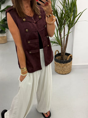 Velour Military Waistcoat - Wine