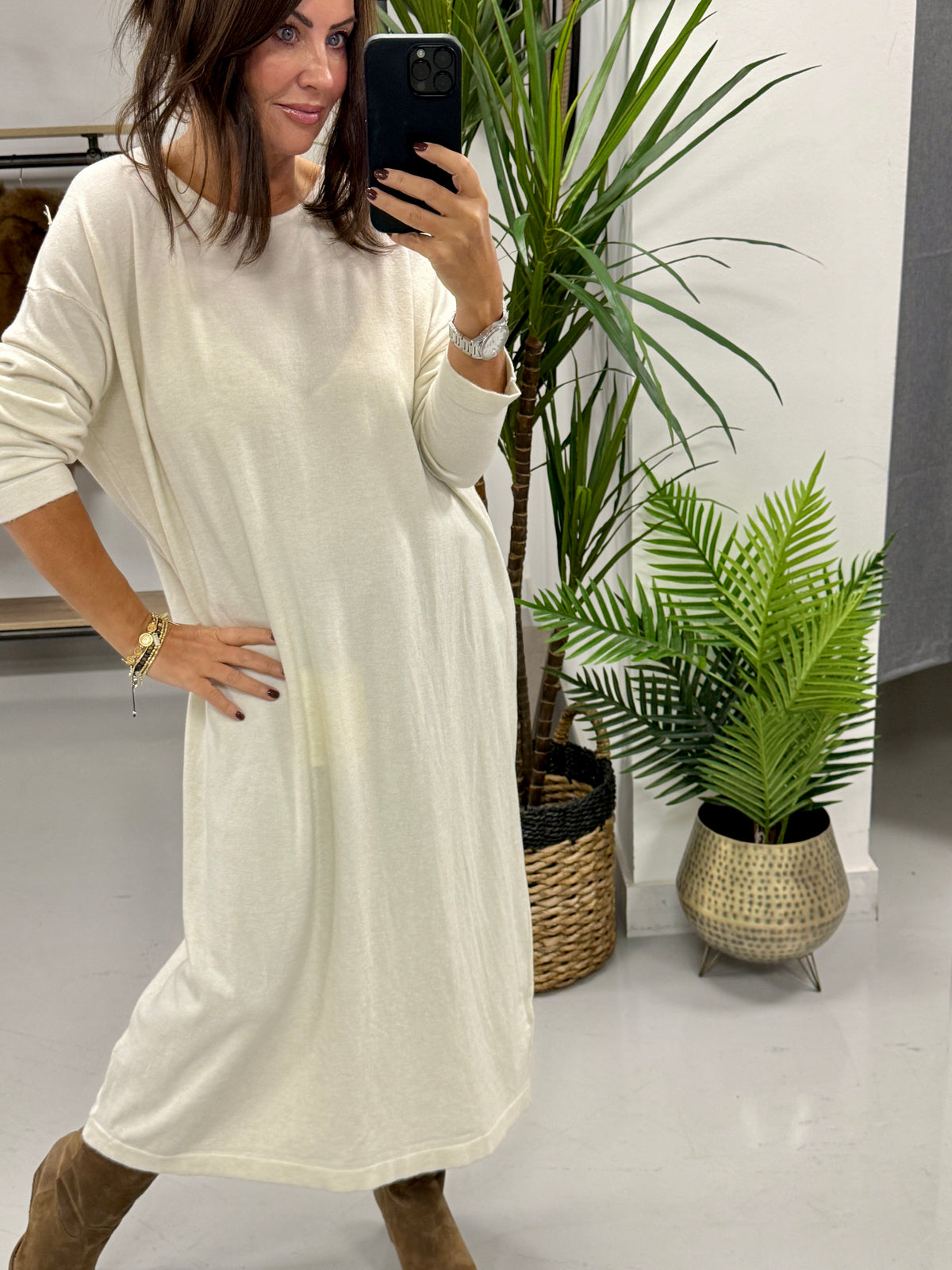 Knitted Button Back Dress - Cream