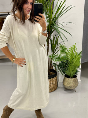 Knitted Button Back Dress - Cream
