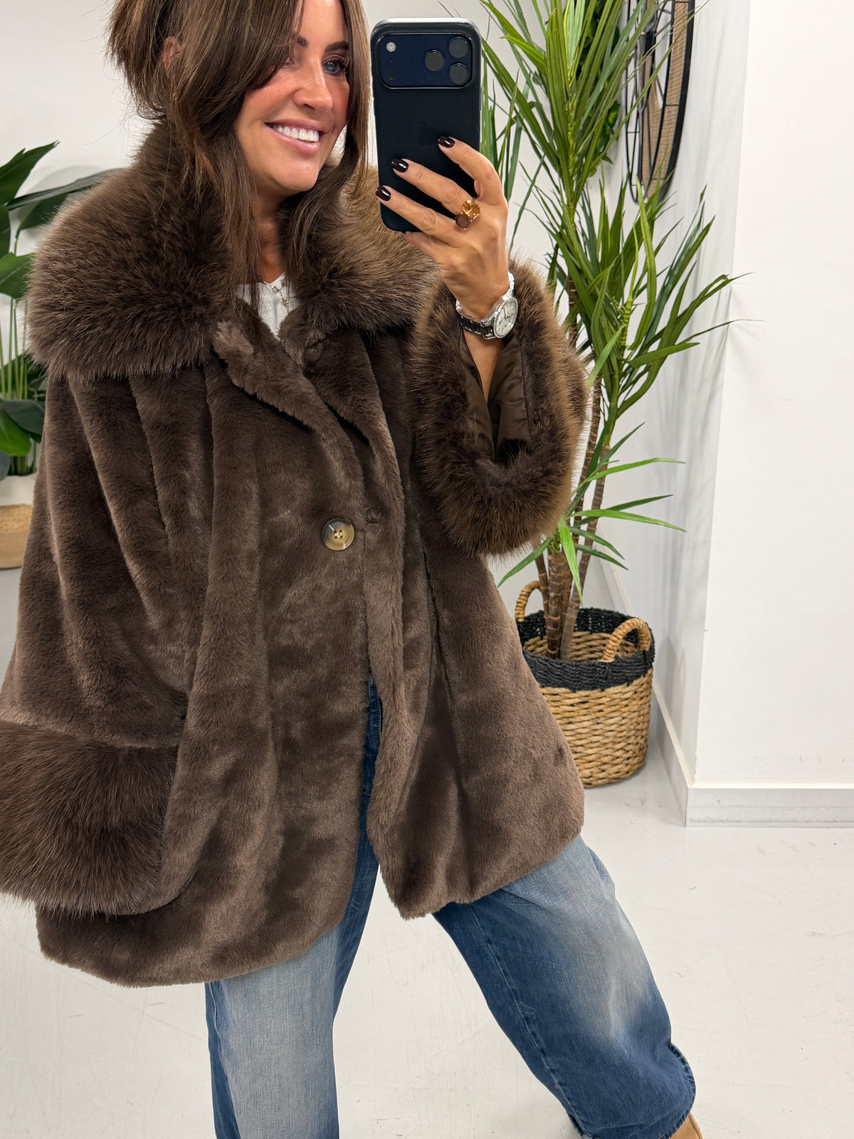 Kensington Faux Fur Swing Jacket - Chocolate