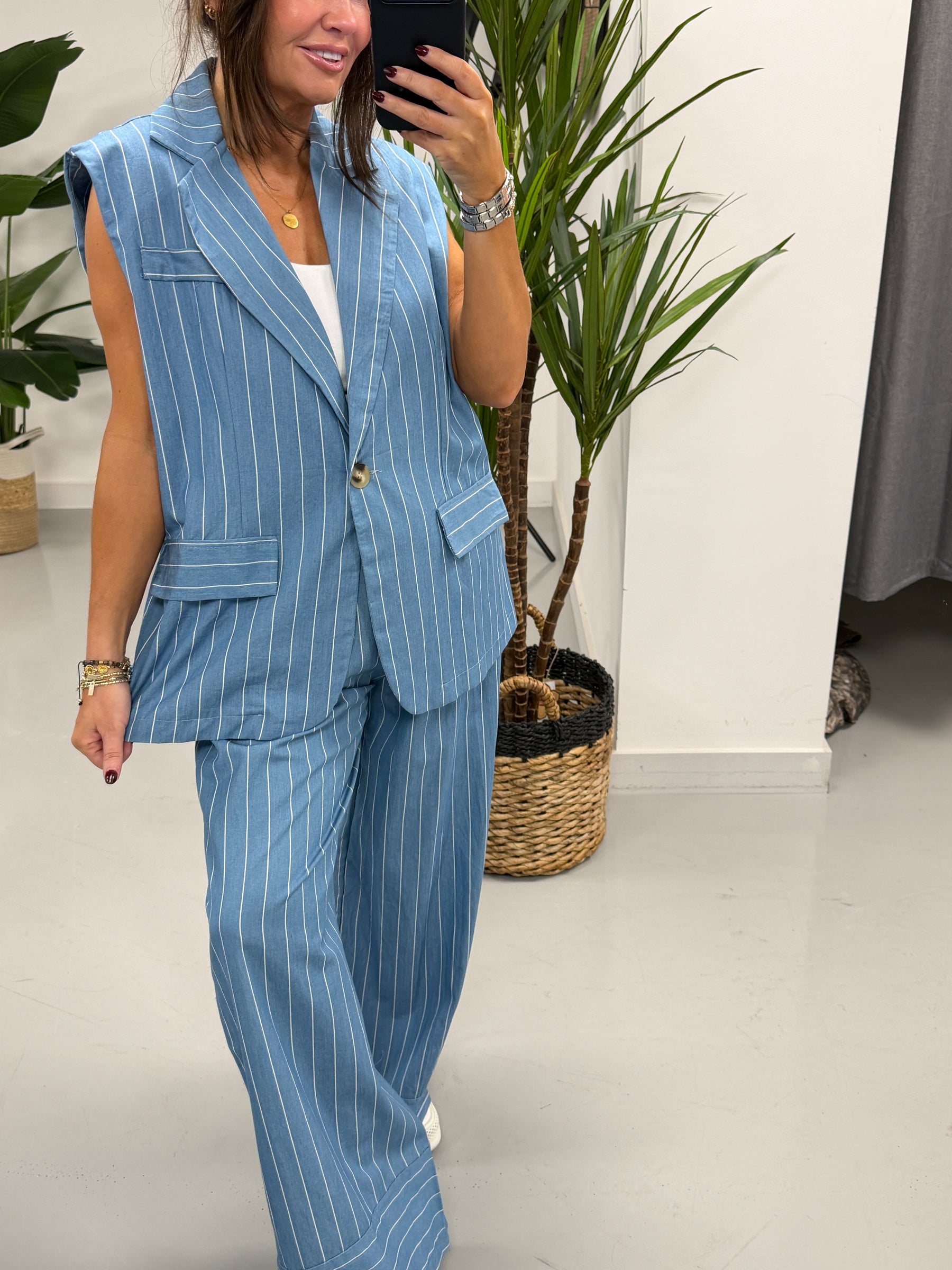 Deniably Denim One Button Stripe Waistcoat - Light Stripe