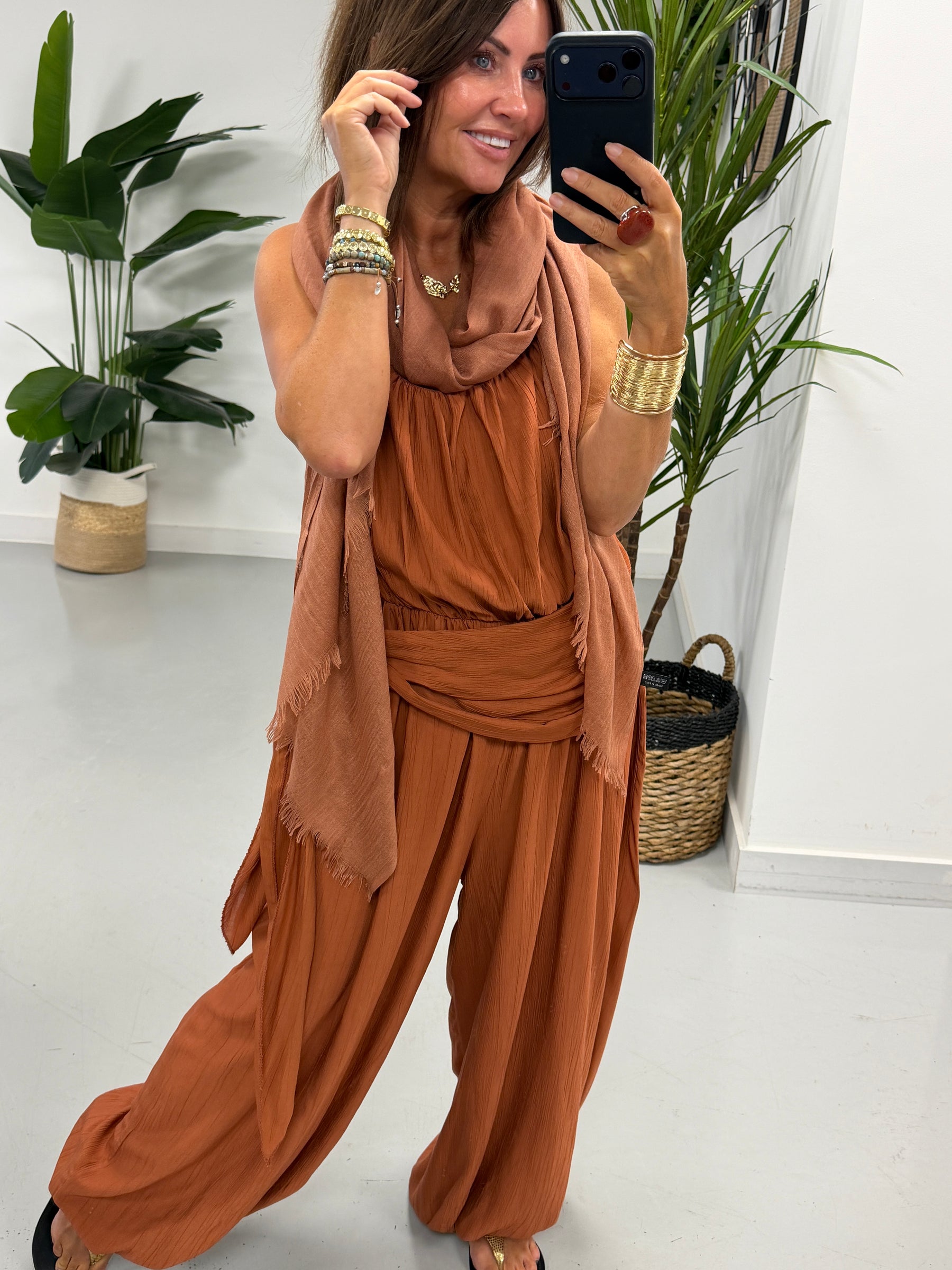Wrap Crinkle Balloon Jumpsuit - Rust