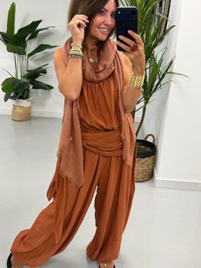 Wrap Crinkle Balloon Jumpsuit - Rust