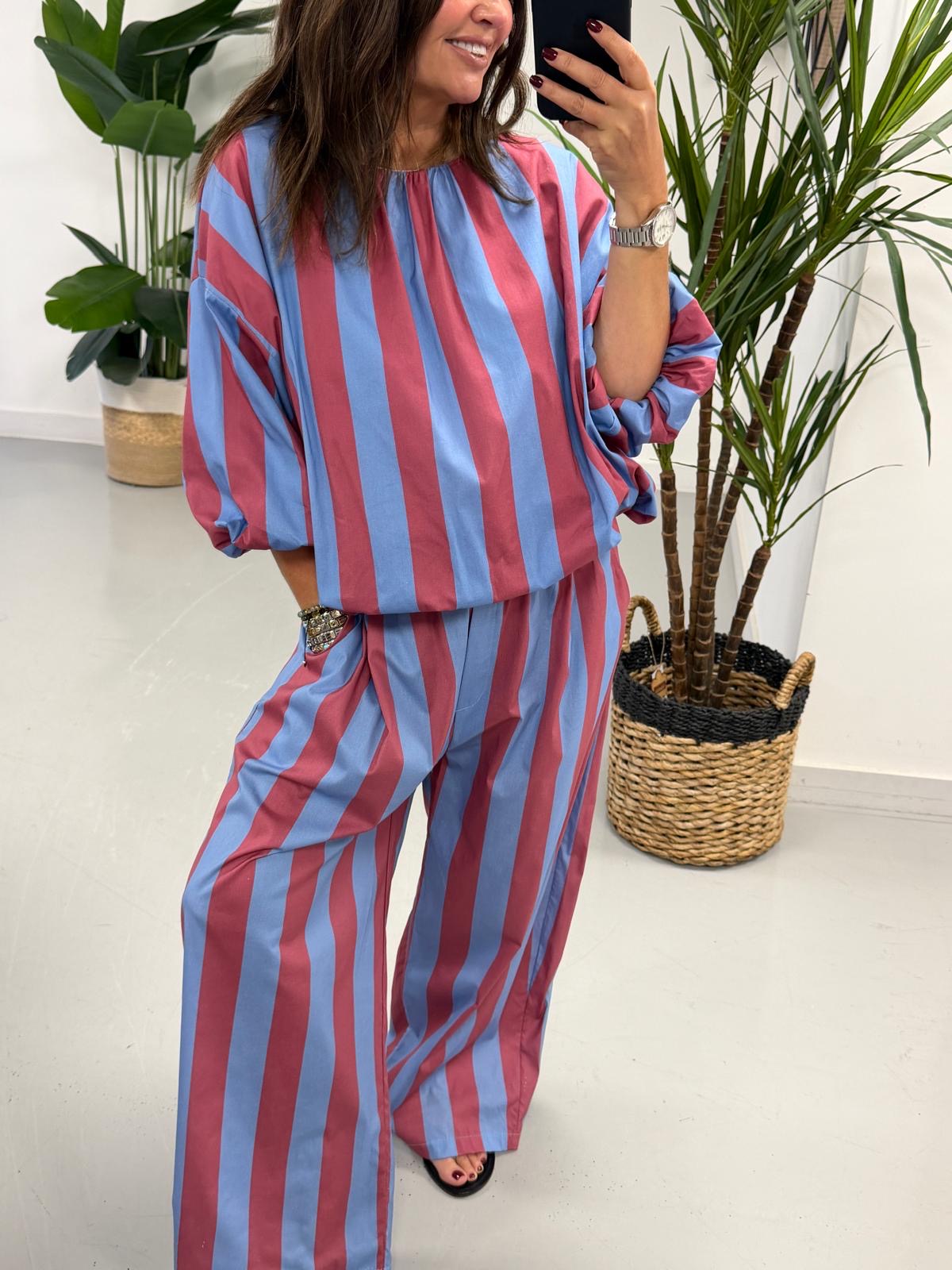 Sugar Rush Bubble Stripe Top - Denim/Raspberry
