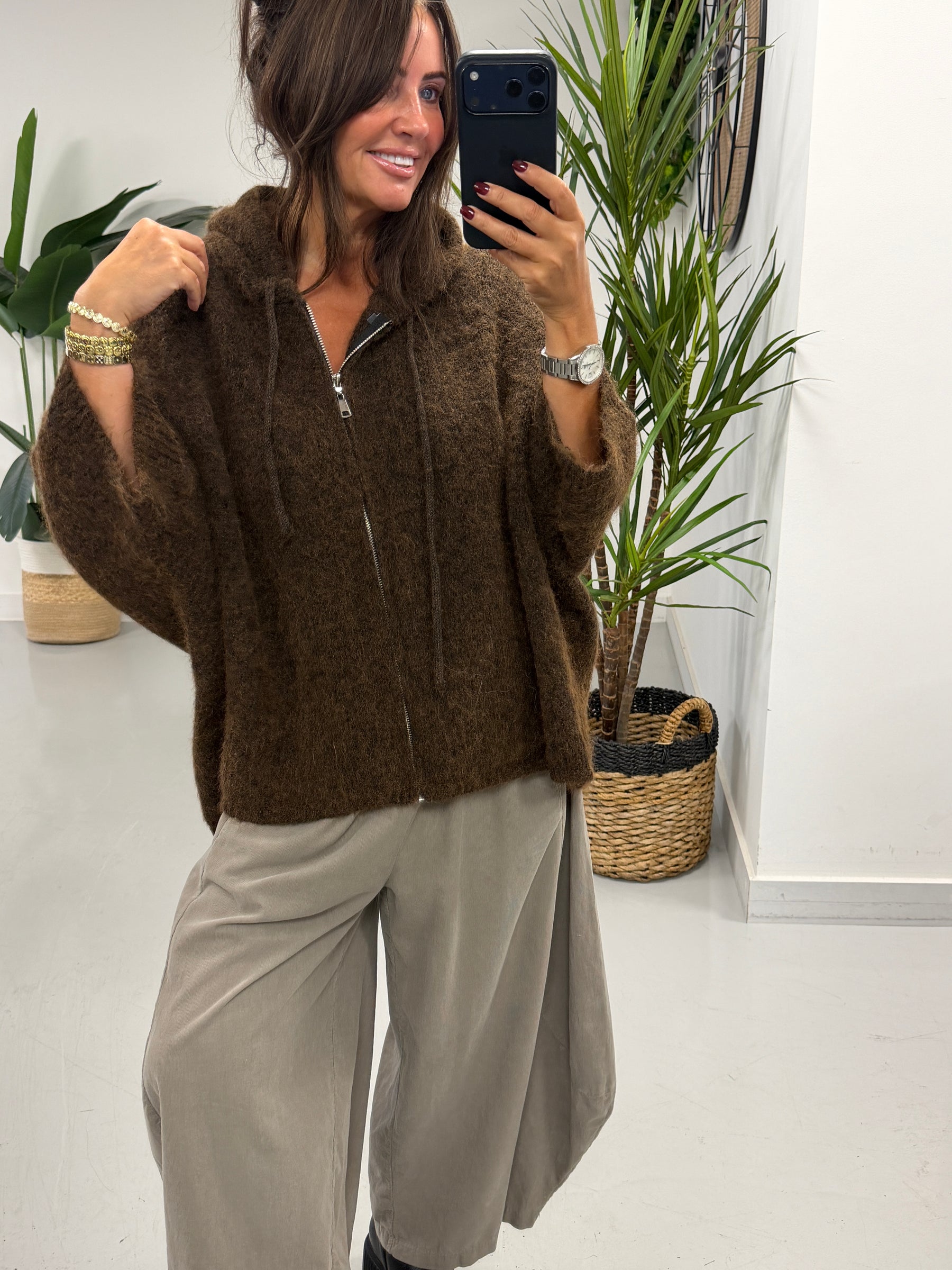 Hooded Zipped Cardigan - Chocolate (Size 12-18)
