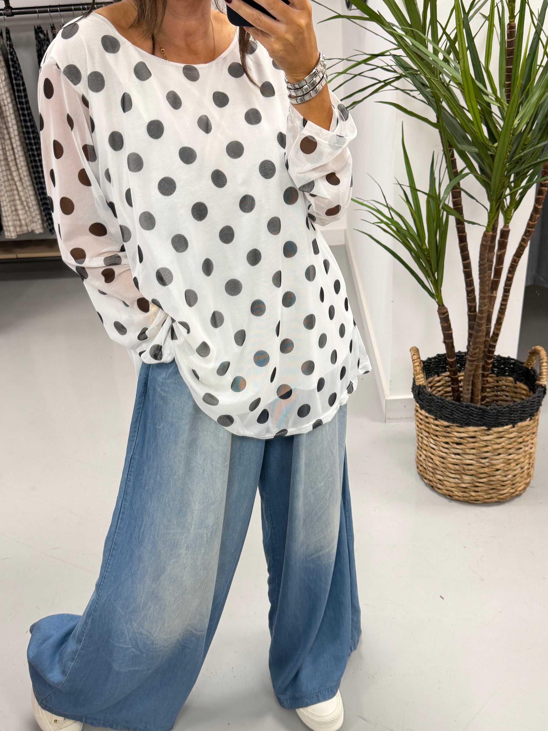 Layered Spot Mesh Top - White
