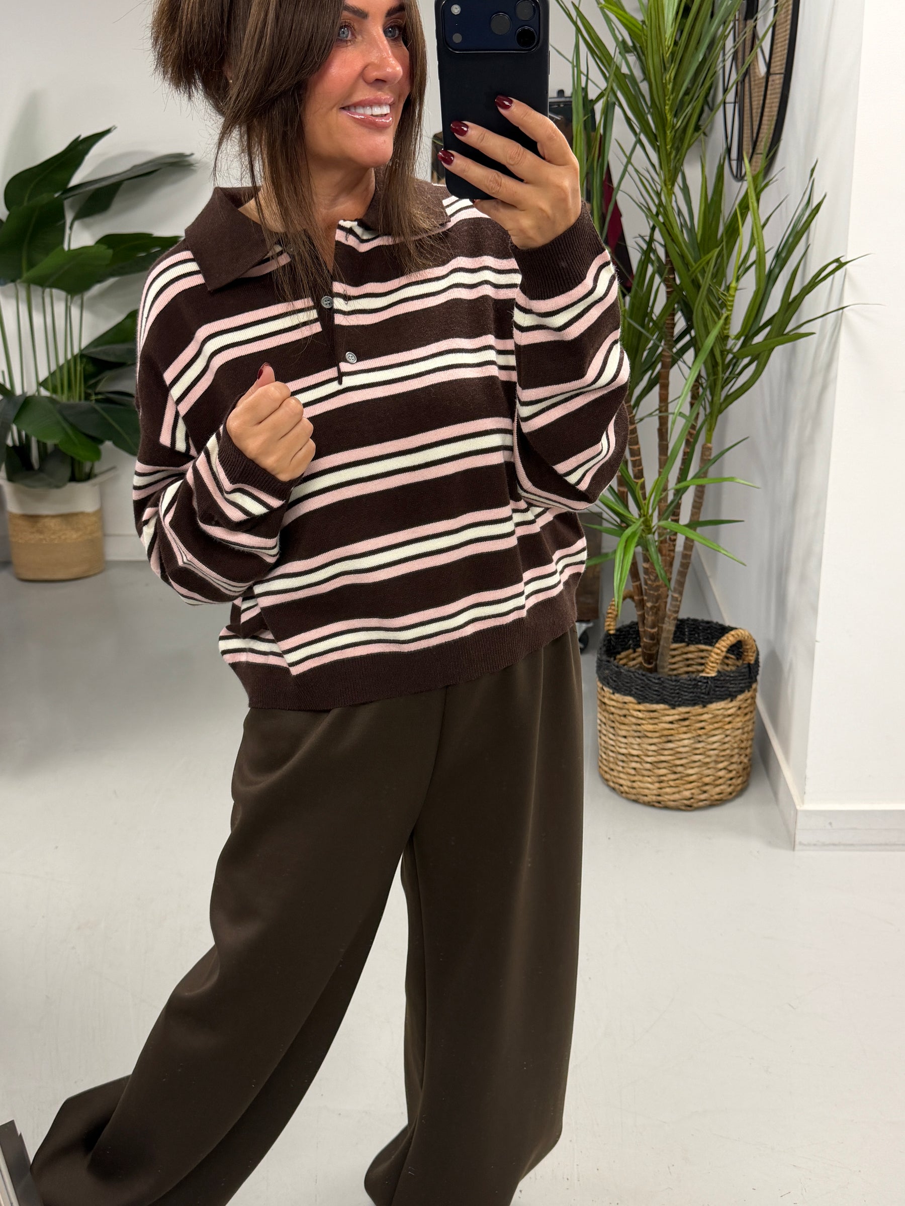 The Button Up Knit - Chocolate/Cream/Pink  (Size 10/12-14/16)