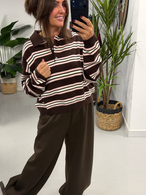 The Button Up Knit - Chocolate/Cream/Pink  (Size 10/12-14/16)