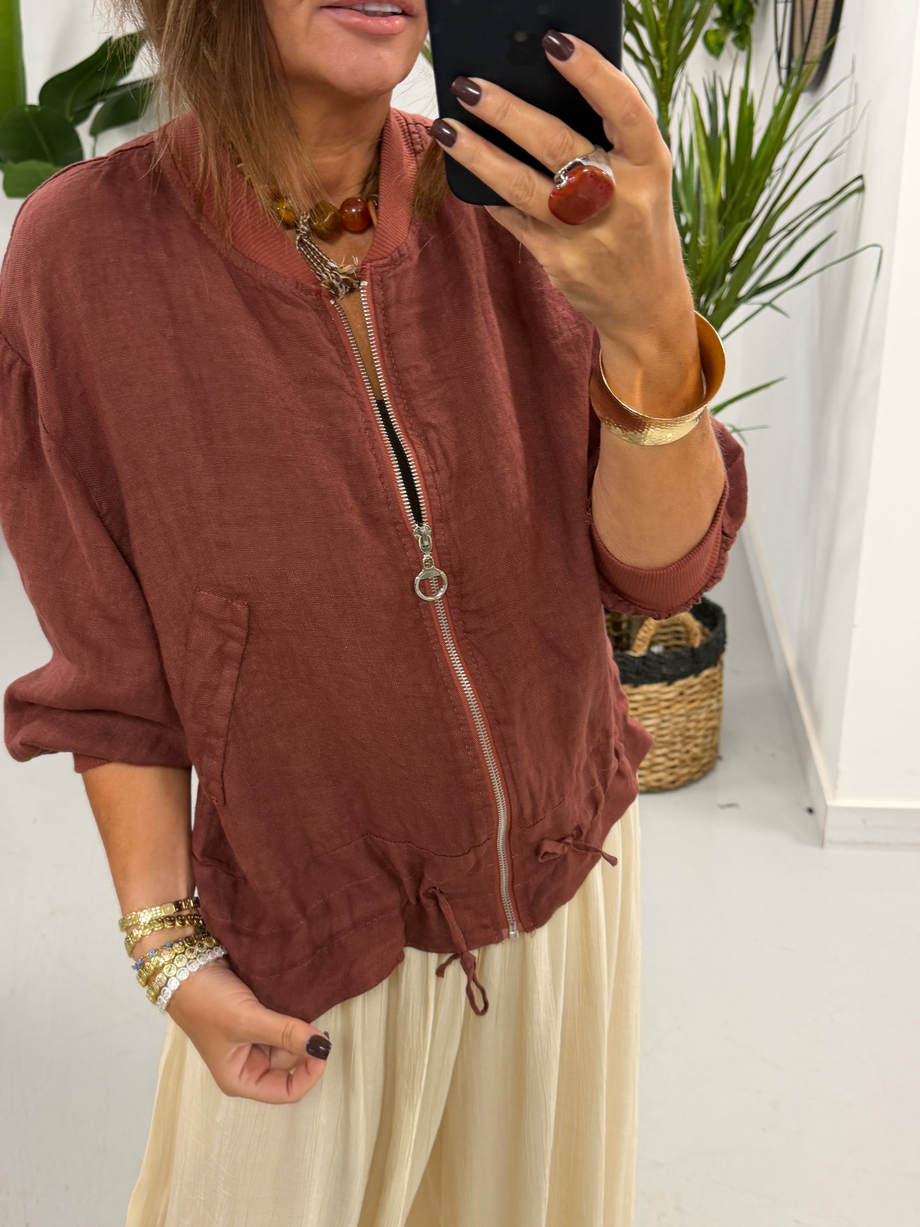 Linen Bomber Jacket - Rust