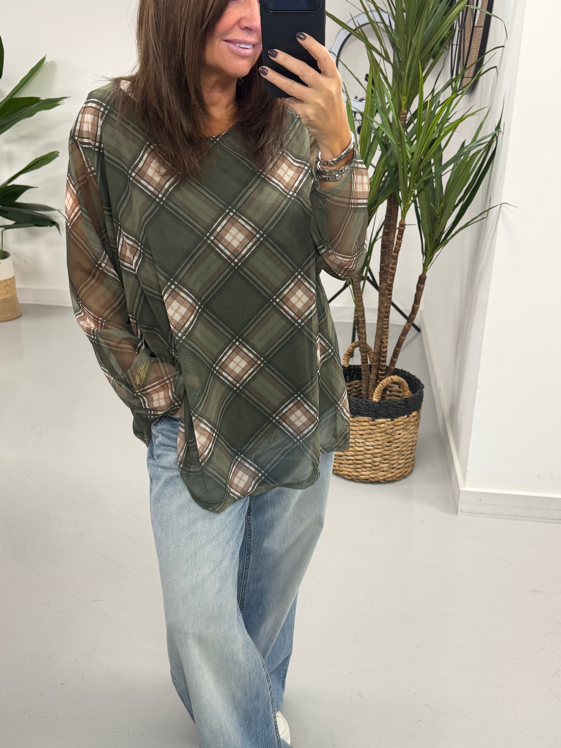 Layered Tartan Mesh Top - Khaki