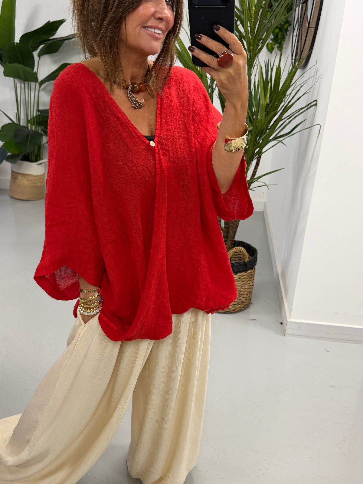 The Bali Linen One Button Tunic - Red