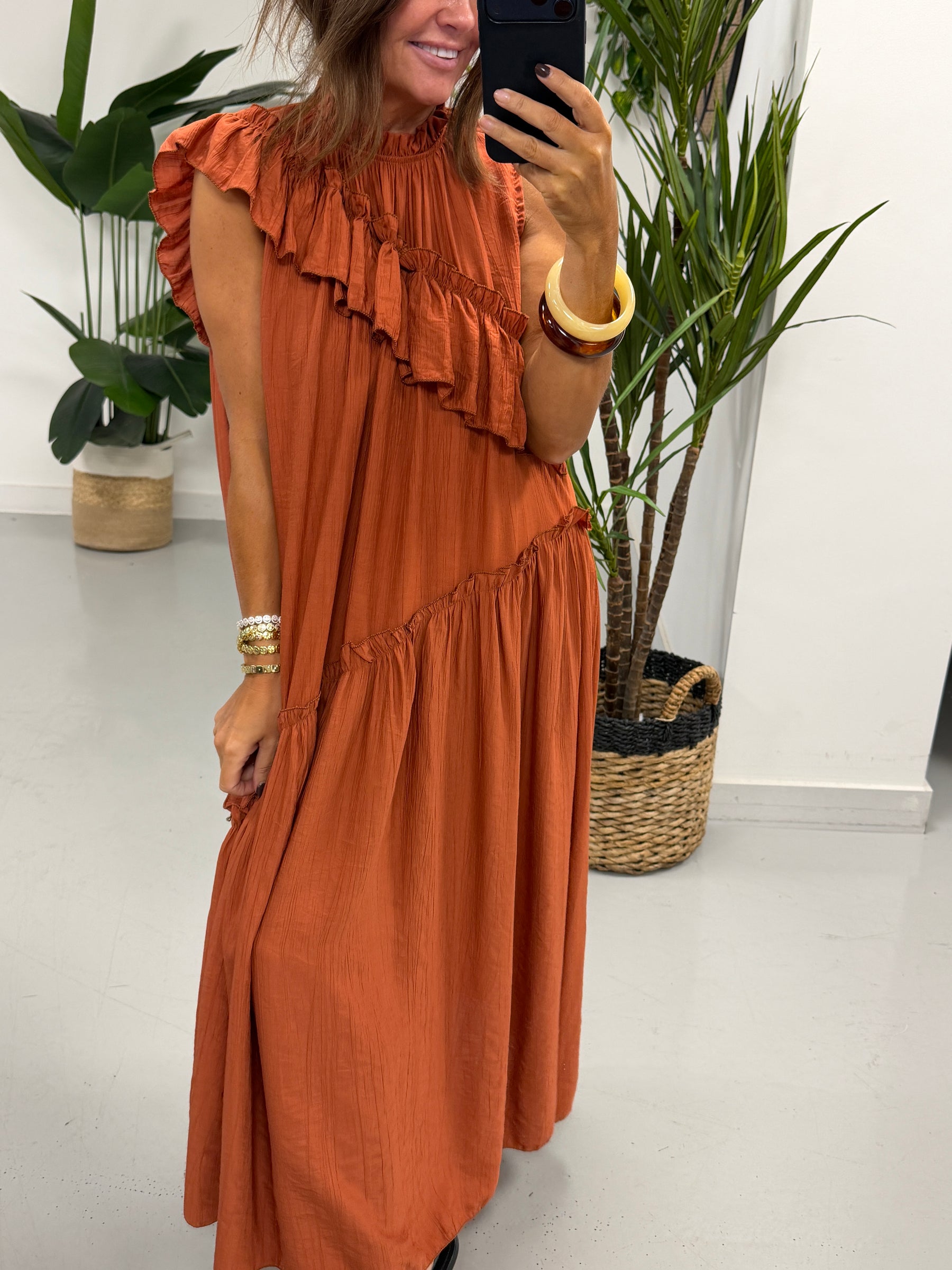 Downtown Ruffle Dress - Rust