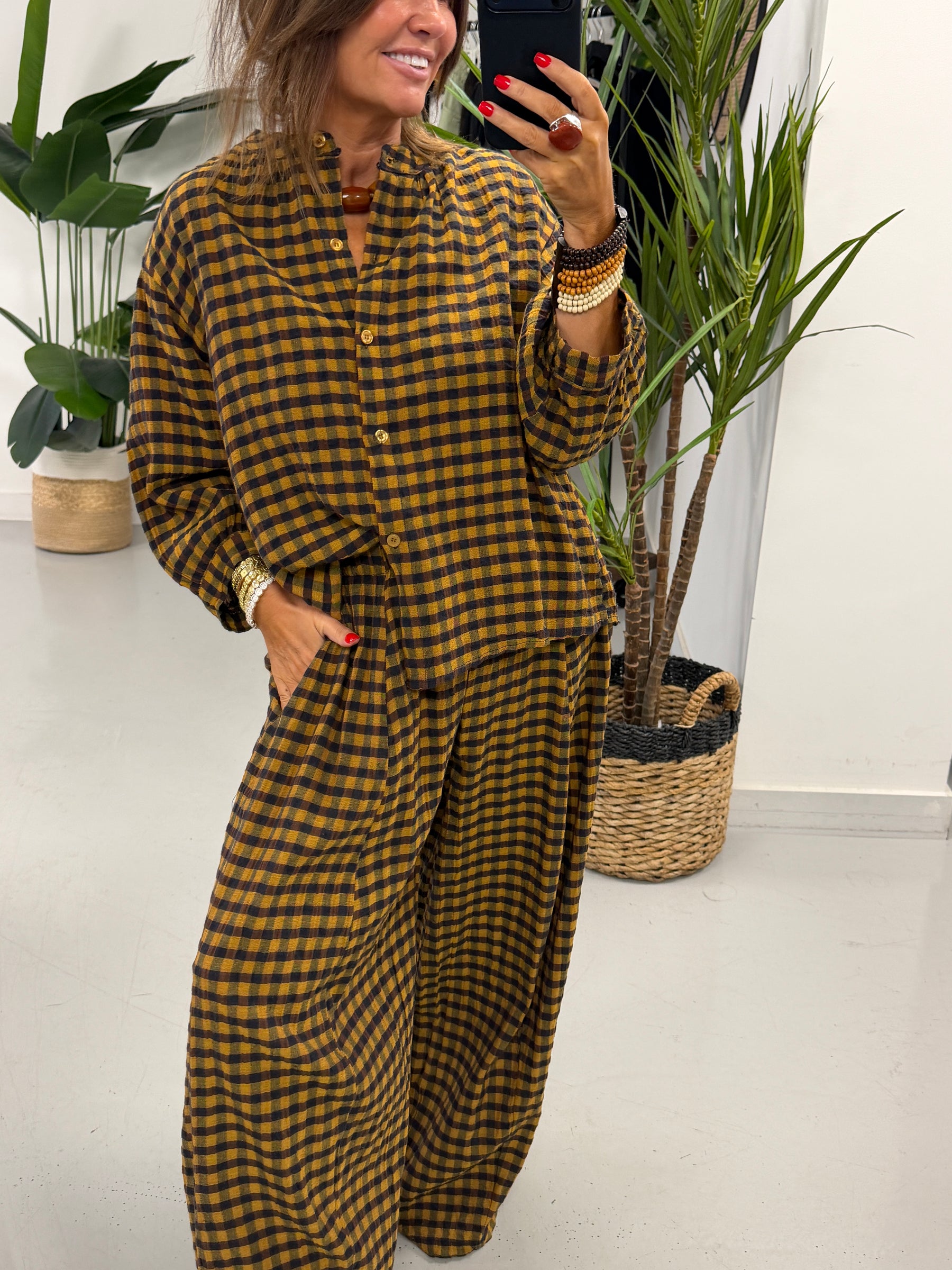 The Autumn Check Barrel Trousers - Mustard/Choc/Navy