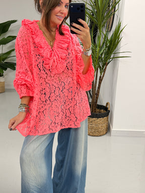 The Lace Ruffle Tie Blouse - Coral
