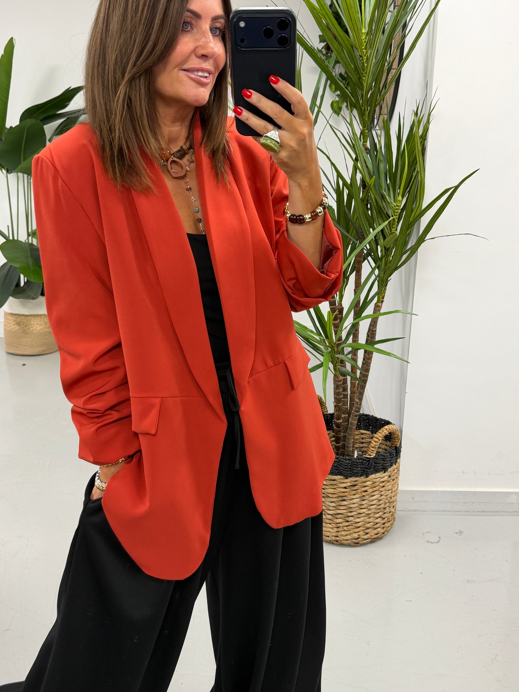 Ruched Sleeve Blazer - Terracotta  (Plus sizes)