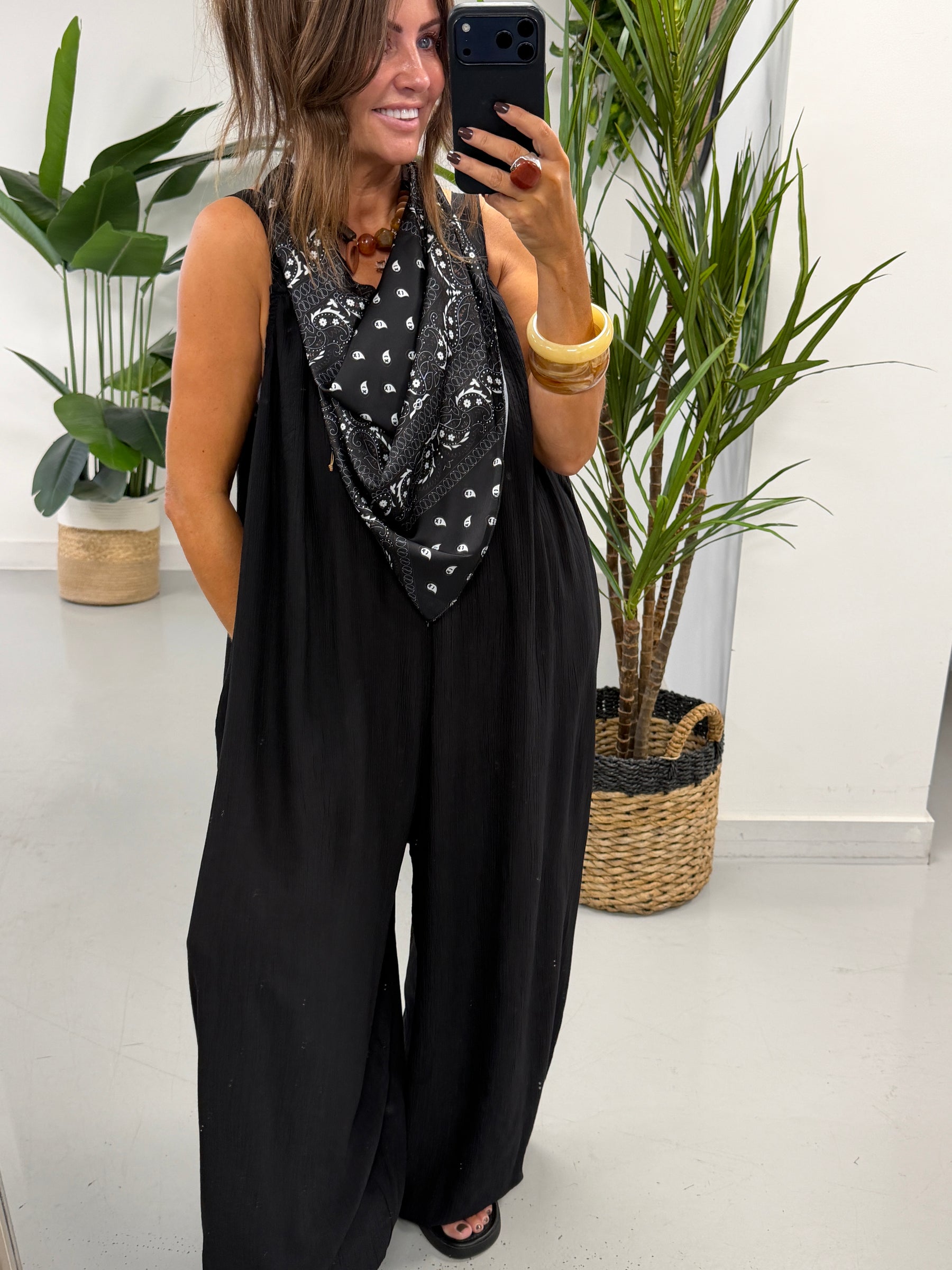 Bandana Scarf Crinkle Jumpsuit - Black