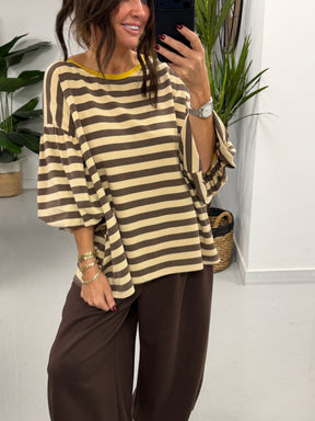 Sunset Stripe Puff Sleeve - Mocha  (Size 12-18)