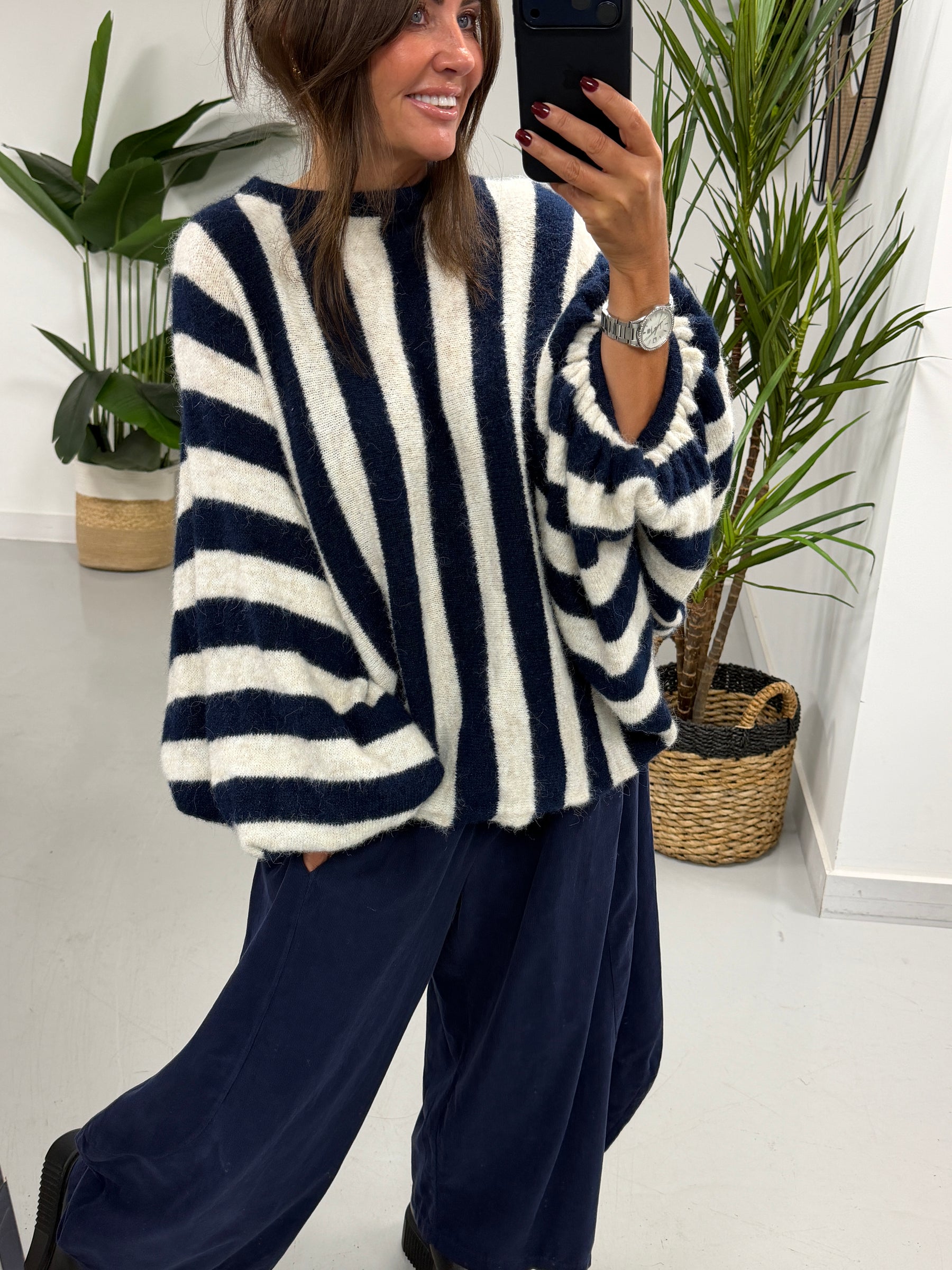 Zeta Otto Stripe Chunky Sleeve Knit - Navy (Size 10-18)