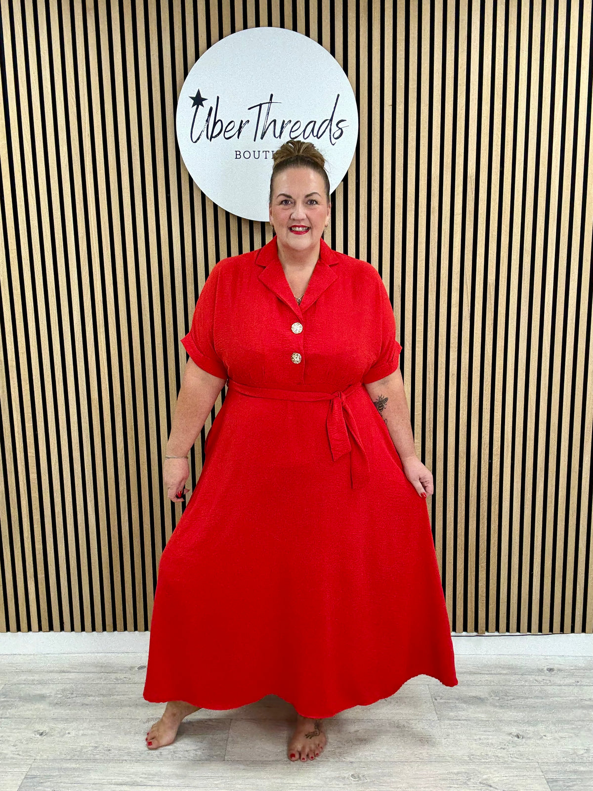 Chunky Button Belted Shirt Dress - Red