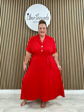 Chunky Button Belted Shirt Dress - Red