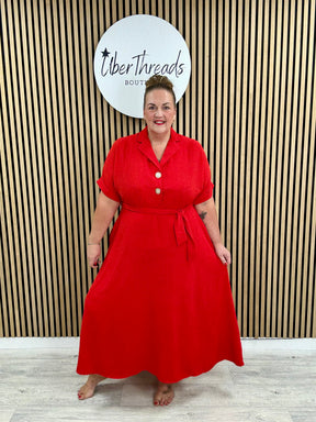 Chunky Button Belted Shirt Dress - Red