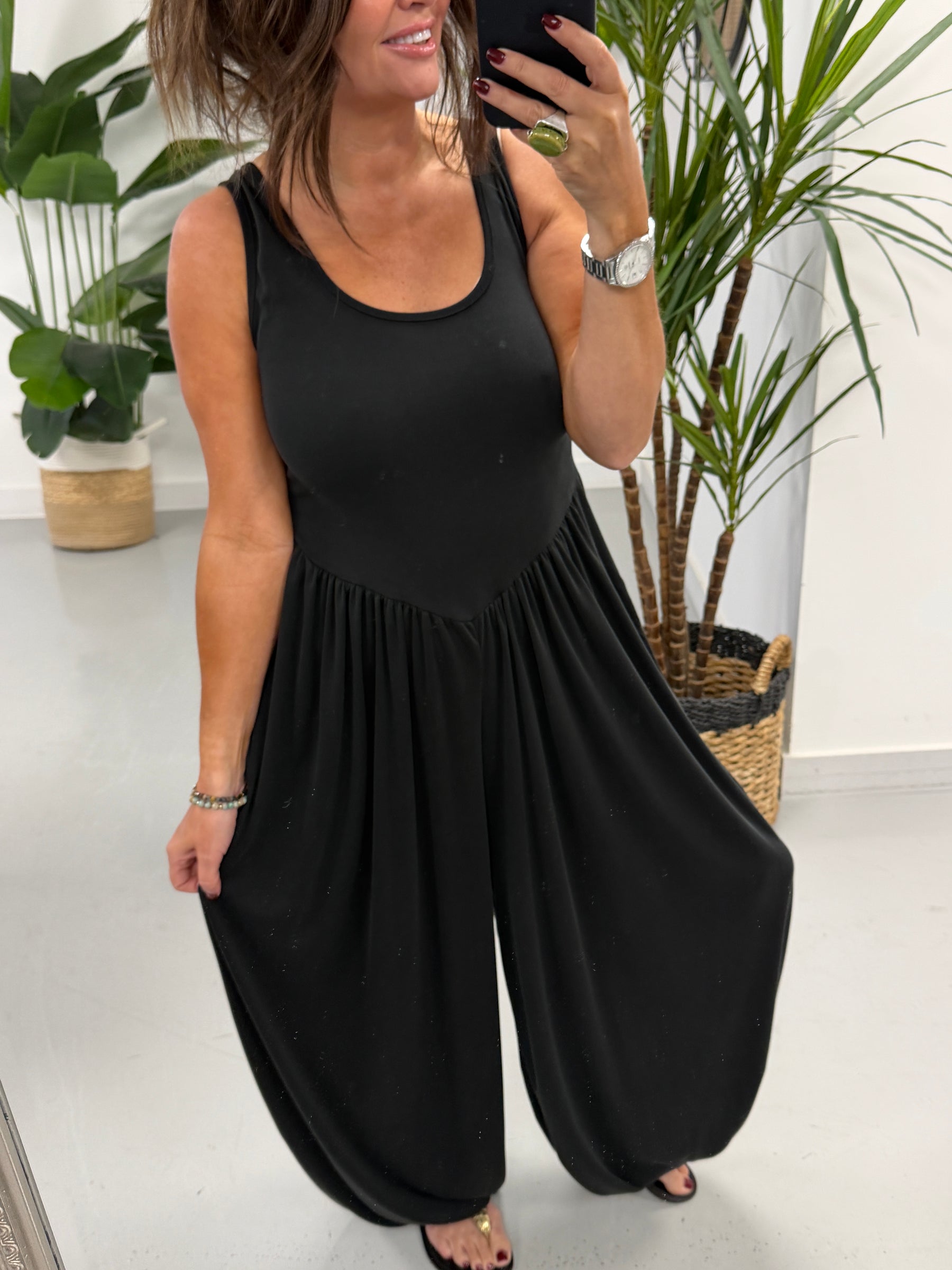 The Balloon Leg Ribbed Jumpsuit- Black