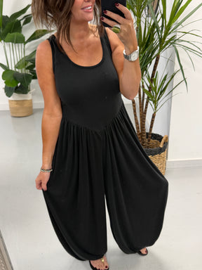 The Balloon Leg Ribbed Jumpsuit- Black