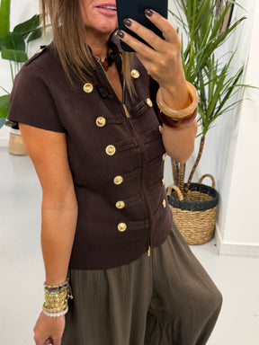 Capped Sleeve Military Waistcoat - Chocolate