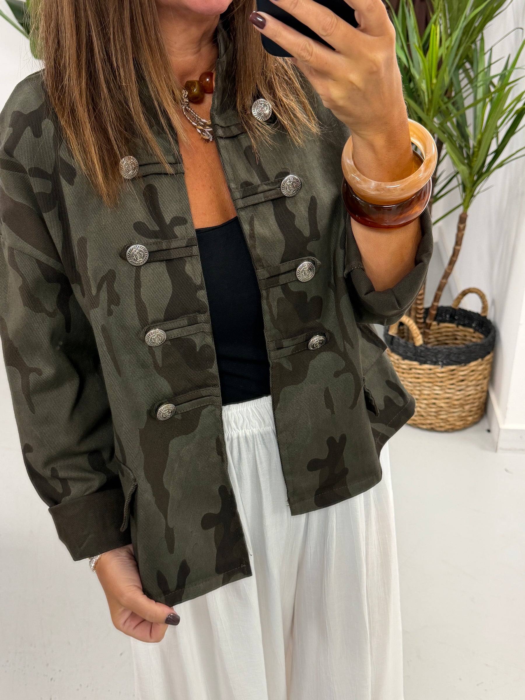 Camo Denim Military Jacket - Dark Khaki