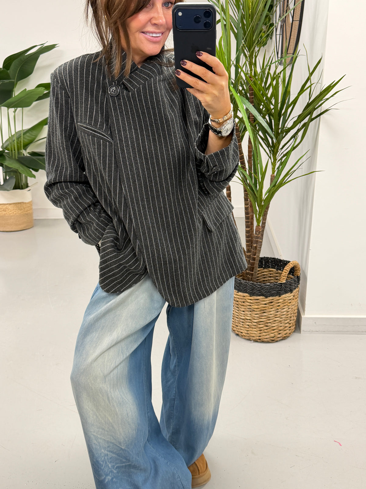 Madison Funnel Neck Blazer - Black Pinstripe