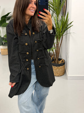 The Long Line Herringbone Style  Military Jacket - Black