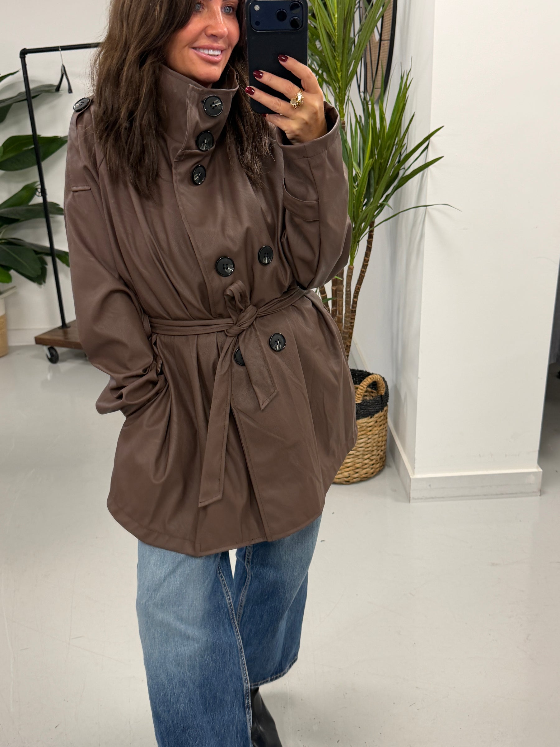 Faux & Fierce PU Trench Jacket - Chocolate (Size 12-16)