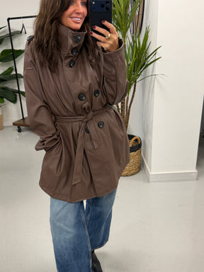 Faux & Fierce PU Trench Jacket - Chocolate (Size 12-16)
