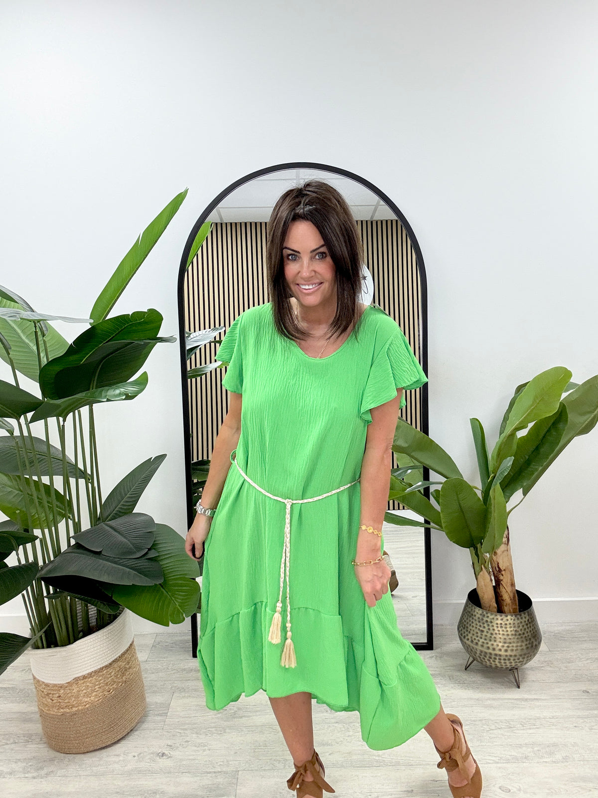 Lola Frill Belted Dress - Emerald