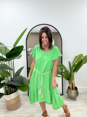 Lola Frill Belted Dress - Emerald