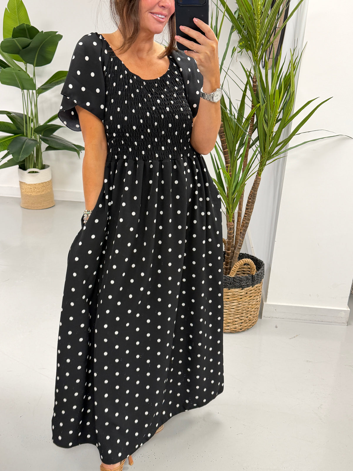 The Bardot Shirred Maxi - Black Spot
