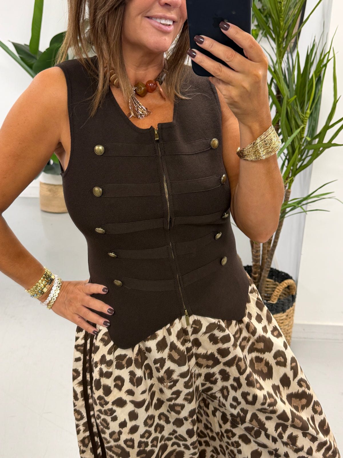 Double Zip Military Waistcoat - Chocolate