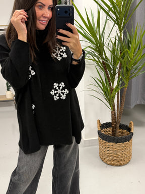 Snow Is Falling Roll Neck Soft Knit - Black