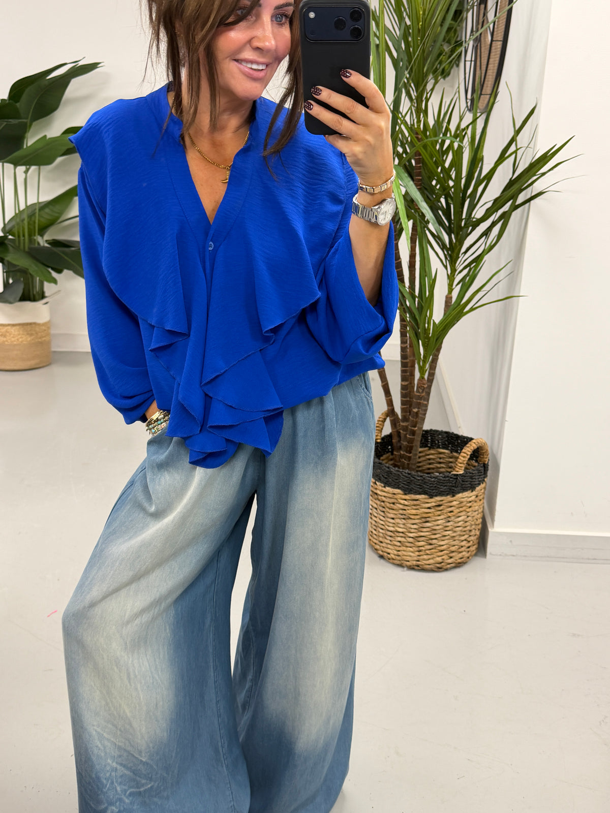 Luna Button Frill Blouse - Royal Blue