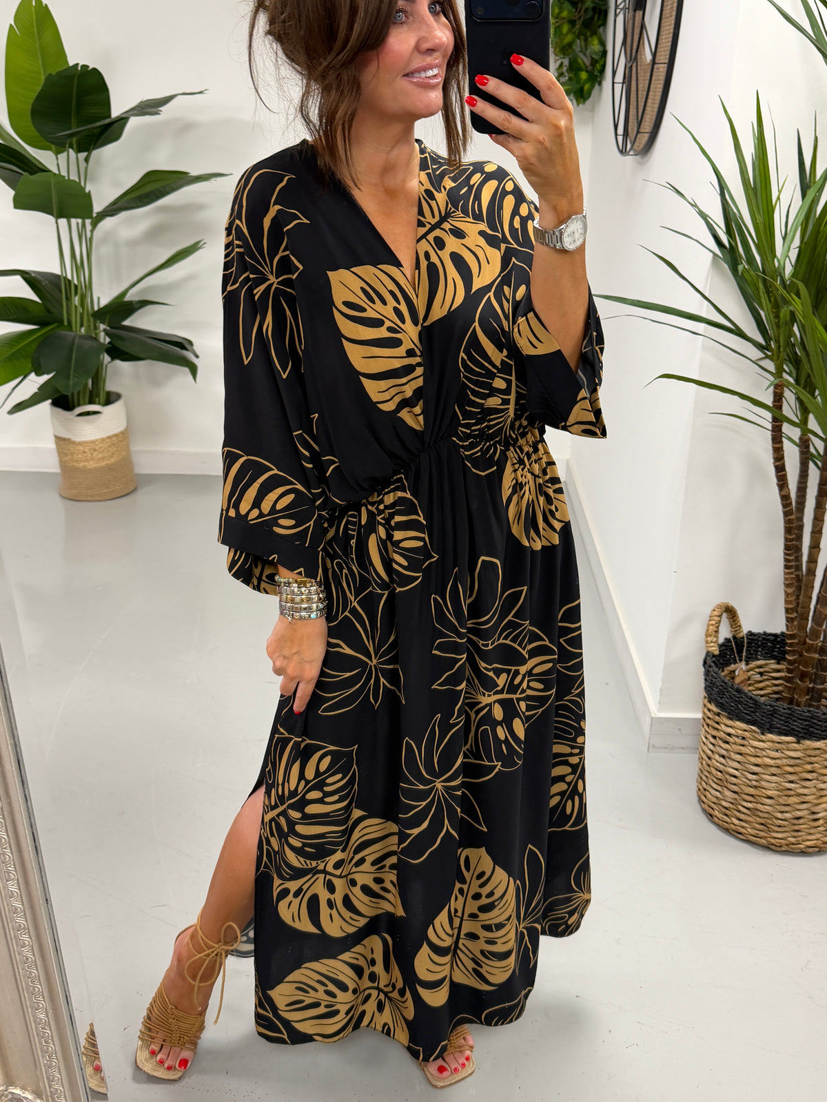 Leaf Cross Over Dress - Black/Gold