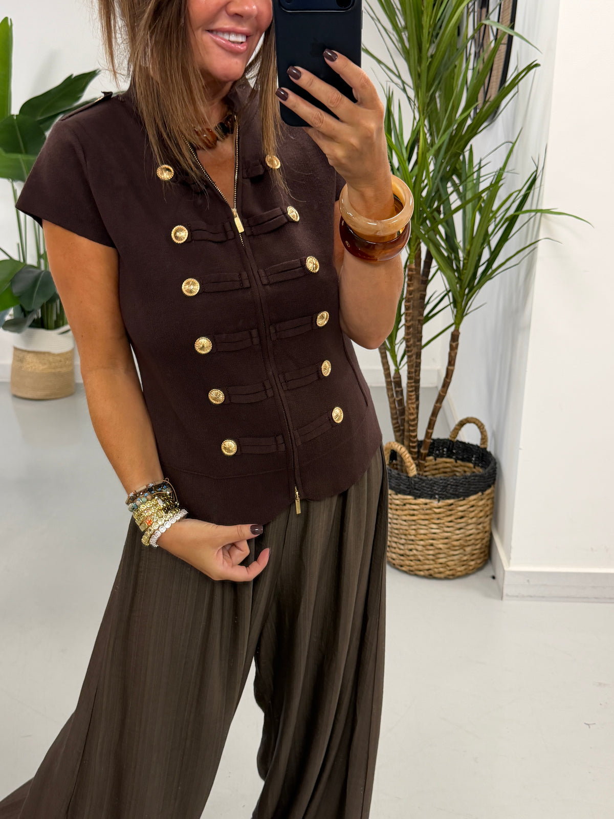 Capped Sleeve Military Waistcoat - Chocolate