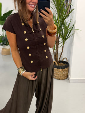 Capped Sleeve Military Waistcoat - Chocolate