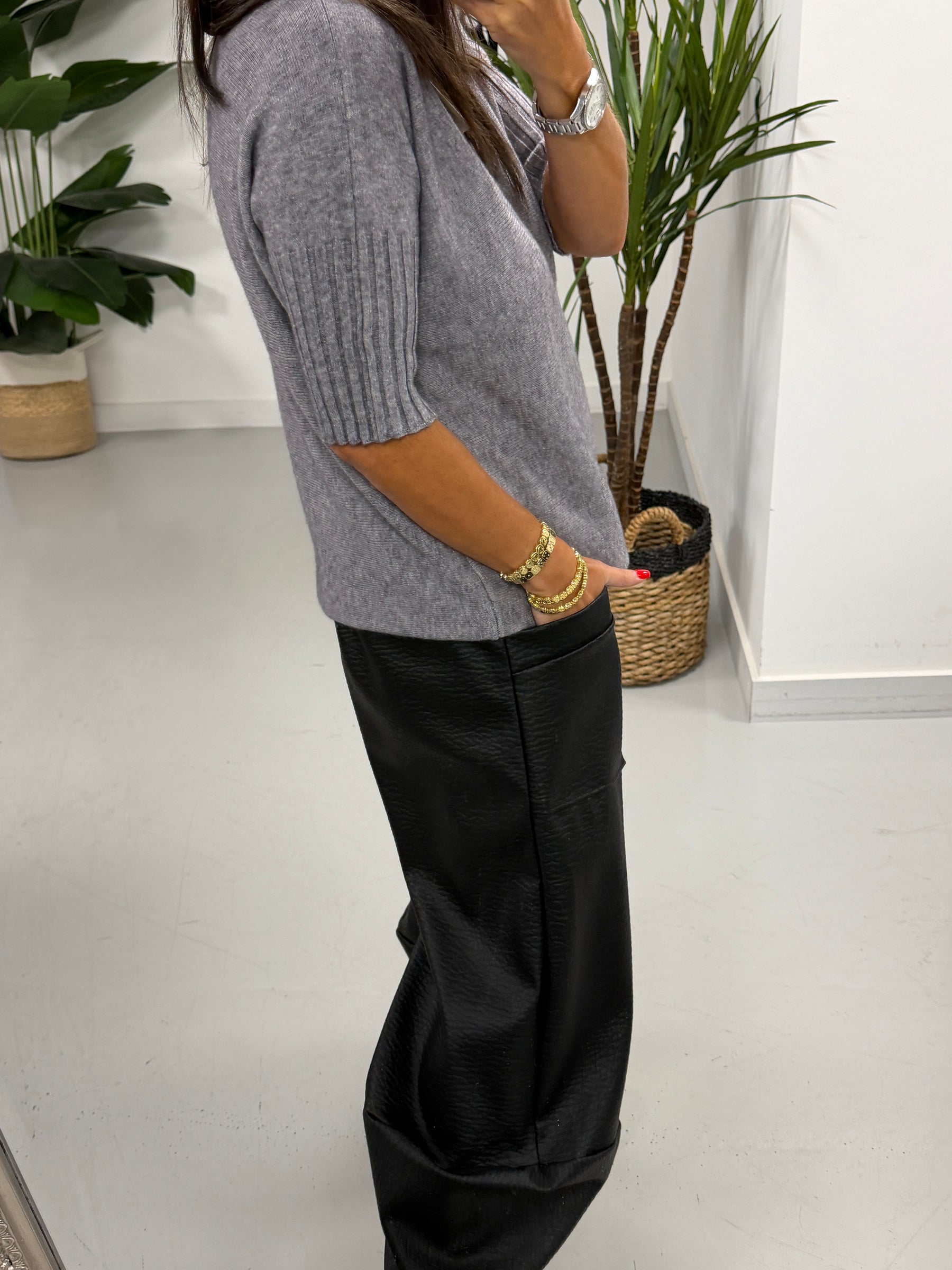 The Grained PU Tulip Trousers - Black