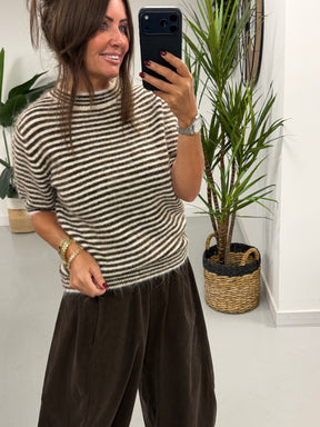 Stripe Crop Sleeve Knit  - Cream/Chocolate (Size 8-14)