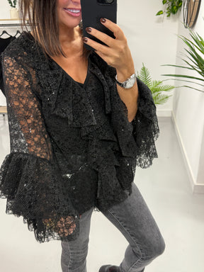A Touch Of Sparkle Ruffle Blouse - Black