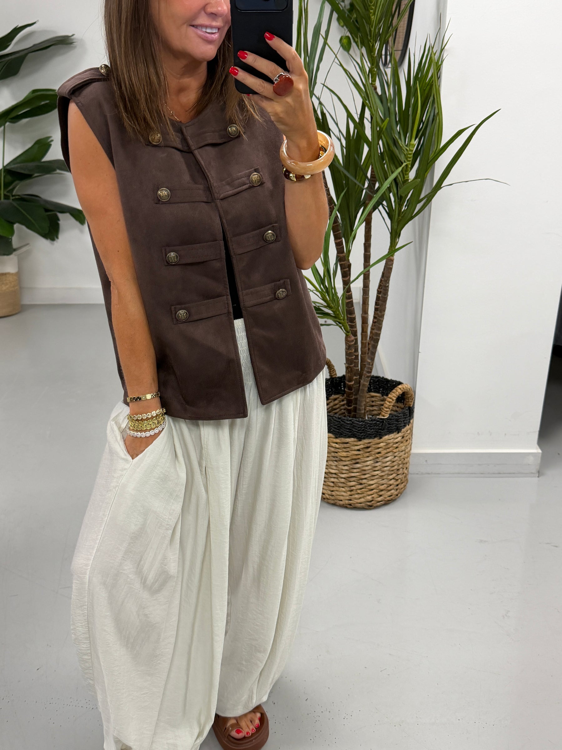 Velour Military Waistcoat - Chocolate