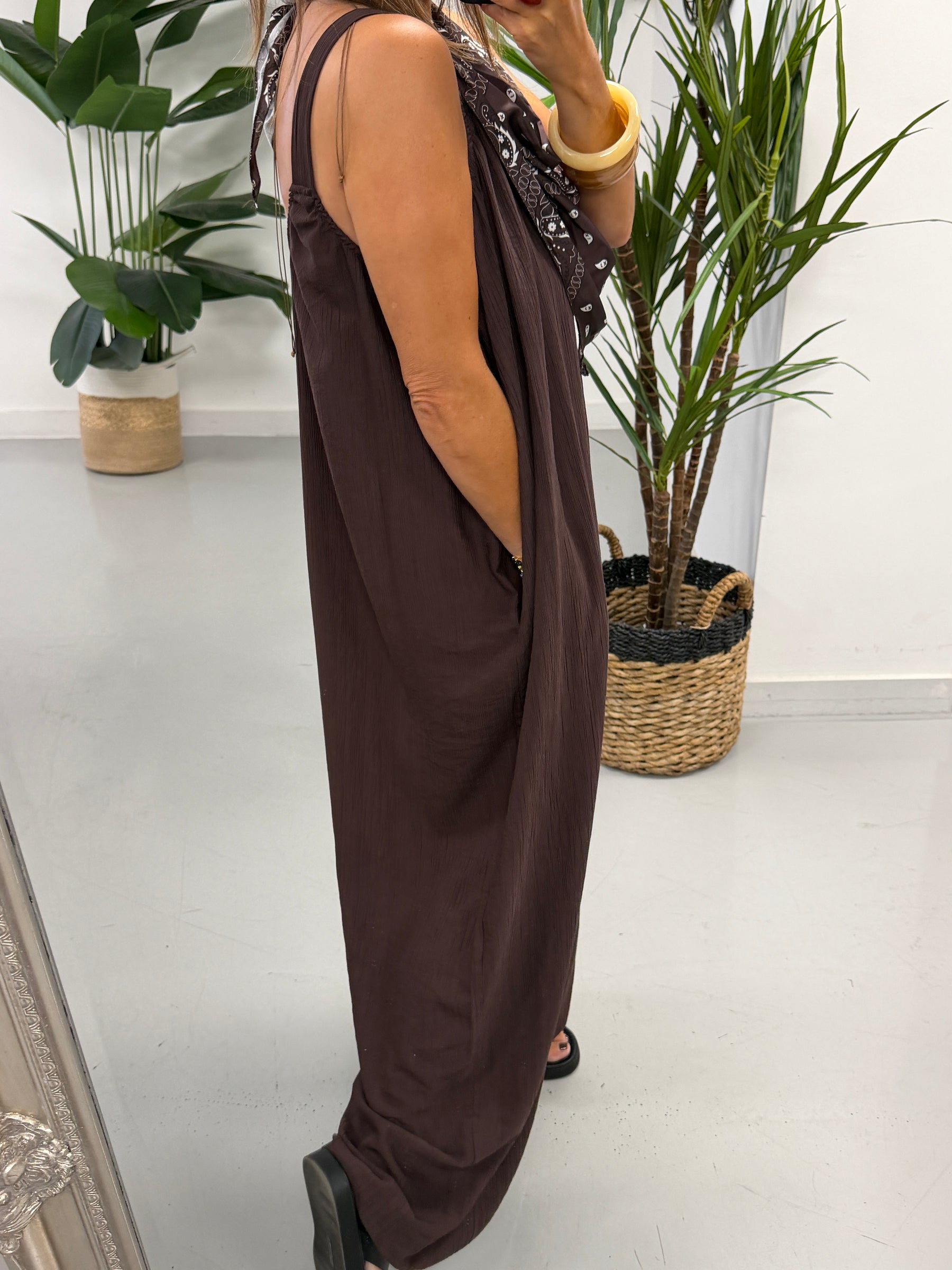 Bandana Scarf Crinkle Jumpsuit - Chocolate