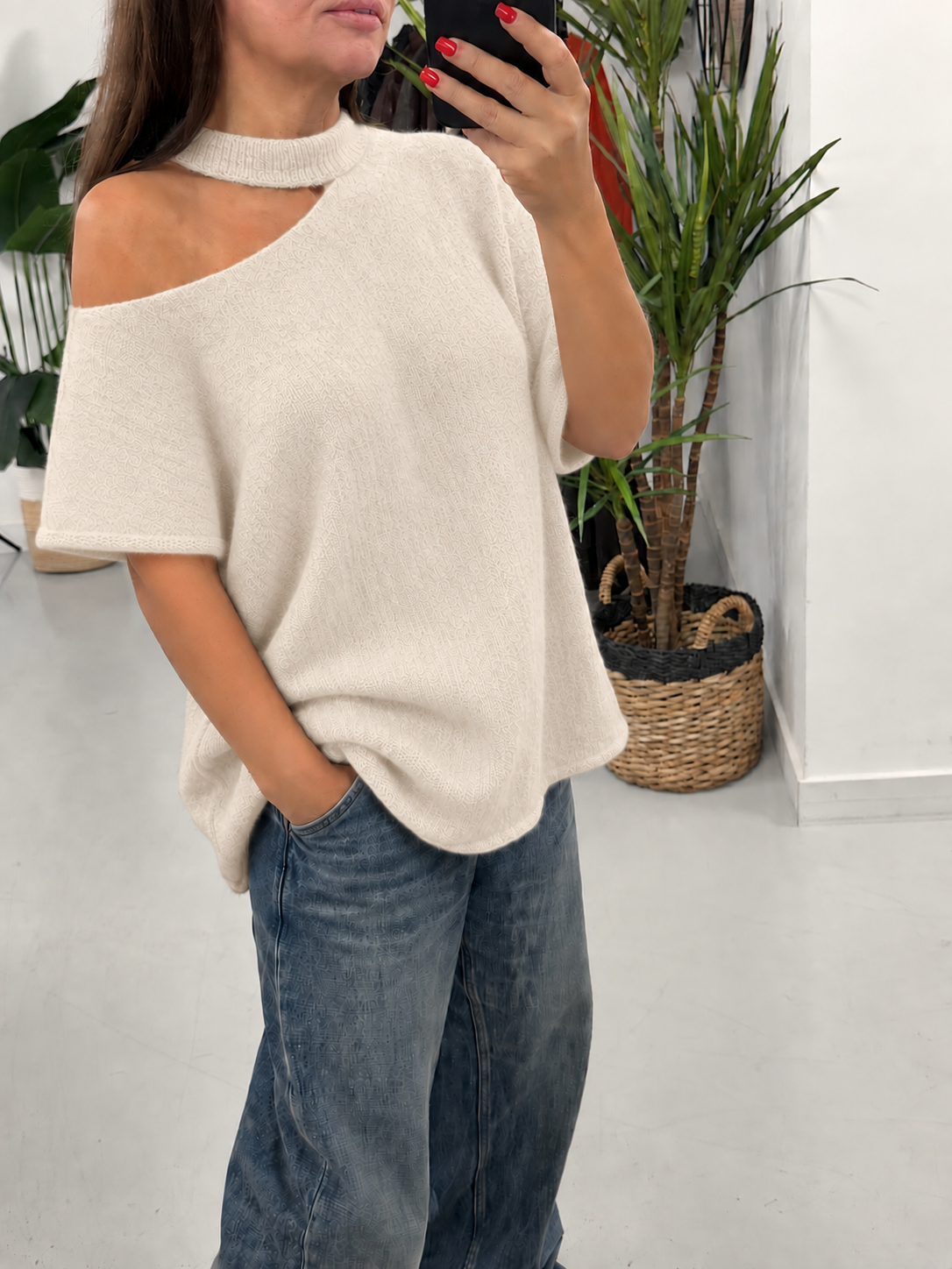 Crop Sleeve Slash Neck Knit  - Buttercream (Size 10-16)